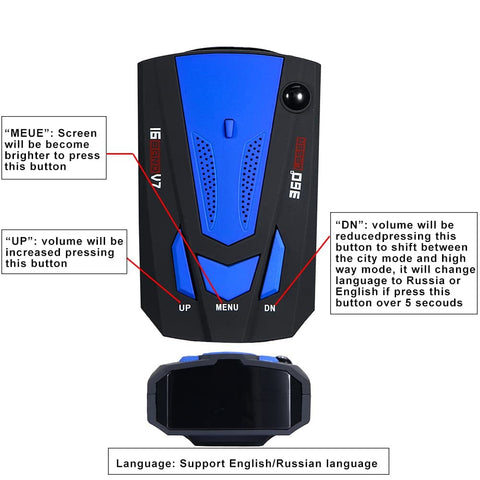 Front view of 360 Degree Radar Detector With GPS Speed Trap Alerts, 16 Band Voice Warnings, blue design, labeled buttons visible