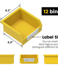 Close-up view of a yellow bin from the Rotating 12 Bin Tool Organizer For Nuts Bolts And Small Parts, highlighting label slot and dimensions.