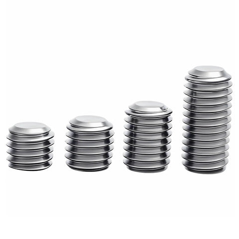 Stainless steel hex socket grub screws, flat point, four sizes stacked from small to large.