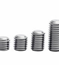 Stainless steel hex socket grub screws set, fine-thread, flat point, M6–M16, 4 pieces