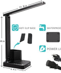 LED Desk Lamp For Home Office With USB Ports And AC Outlet, 14in black lamp with anti-slip base, dimensions labeled, power line shown