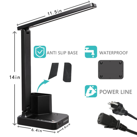 LED Desk Lamp For Home Office With USB Ports And AC Outlet, 14in black lamp with anti-slip base, dimensions labeled, power line shown