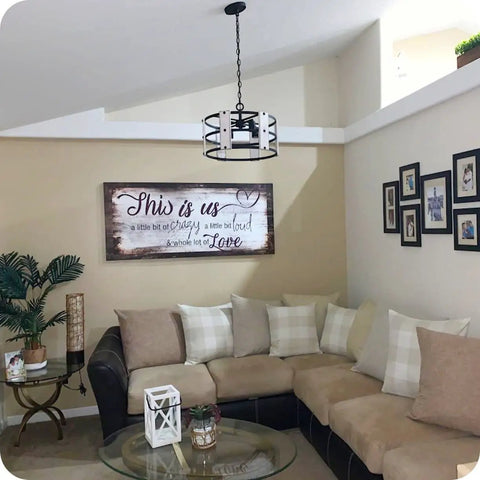Open Drum 4 Light Modern Farmhouse Chandelier With Interchangeable Walnut And White Ash Wood Panels In Coarse Black Finish