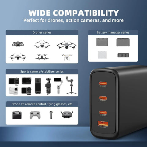 GaN 100W Battery Charger For DJI Drones With Four USB C Ports And 1M Cable compatibility with drones, cameras, devices