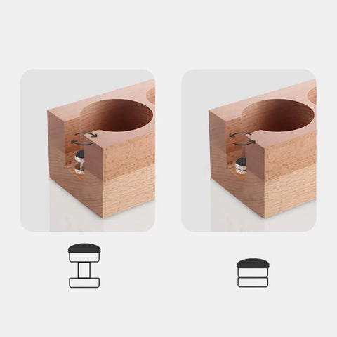 Buttery Smooth Espresso Tamper Station Crafted From Solid Natural Wood 58mm showing rotating mechanism and catch basin detail.