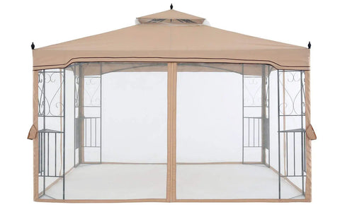 Front view of Patio Gazebo With Netting Screen Walls 10x10 for lawn, garden, backyard, deck, rust-resistant steel frame, in beige gray.