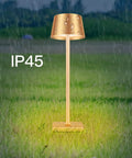 Cordless Table Lamp With Dimmable And Rechargeable Battery, Waterproof Gold Lampshade For Indoor And Outdoor Use shown in rain