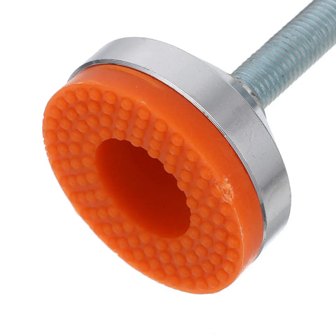 Heavy Duty Swivel Leveling Feet For Workbenches And Shop Tables With Quick Height Adjustment Non Slip Rubber Pads showing orange rubber base.