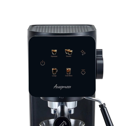Top view of the badass home espresso maker with slick touchscreen interface for making espresso, lattes, and cold brew.