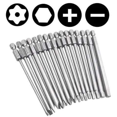 Alt Tag: 4-In-1 Magnetic Screwdriver Bit Set, 16-Piece With 1/4 Inch Hex Shank, featuring hex, torx, phillips, slotted tips
