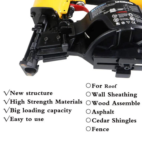Close-up of 15 Degree Roofing Nailer For Pros And DIYers, Three Quarters Inch To One And Three Quarters Inch Wire Collated Nails
