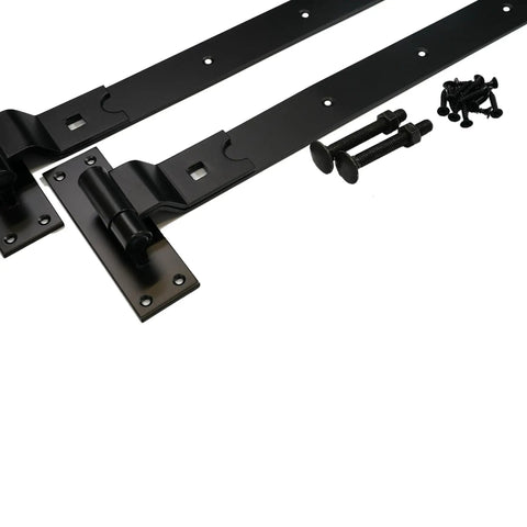 Set Of Two 24 Inch Heavy Duty Cranked Door Hinges For Sheds And Barn Gates, Black Hook And Band Hinges, with screws, on white background