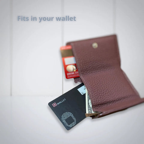 Biometric Fingerprint Crypto Wallet Card With Quick Login For Bitcoin Ethereum And ERC20 Tokens fits in a leather wallet