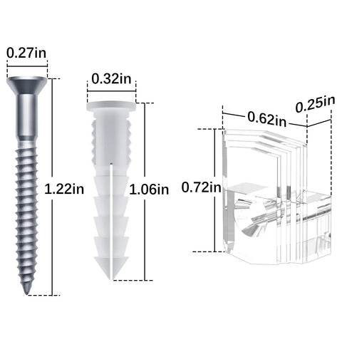 Foolproof Mirror Holder Kit Boasting 22 Slick Clear Plastic Clips With Heavy Duty Screws Crafted For 3 16 Inches Of Glass Panels and components display with measurements.