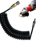 Solid 3 Meter Compressor Air Hose With Quick Connect Fittings For High Pressure Pneumatic Rigs, coiled black hose with fittings.