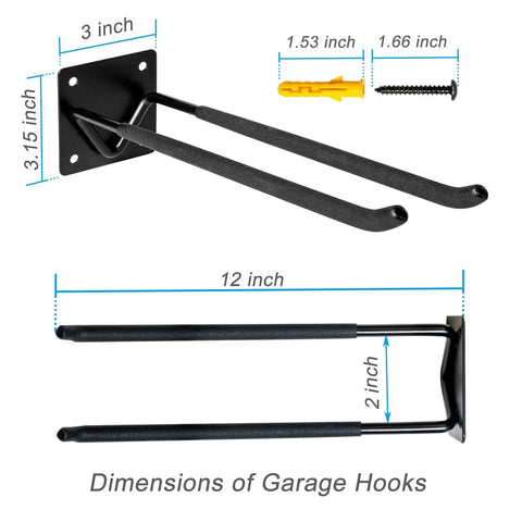 Dimensions and design of Heavy Duty Garage Tool Hanger Set Two Pack Wall Mount Hooks For Shovels Rakes Ladders Bikes And More