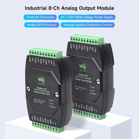 Industrial 8 Channel Analog Output Module With 12 Bit DAC And 8 Simultaneous Current Outputs, RS485 Ready, shown front and back.