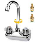 Leak-Free Commercial Hand Sink Faucet With Ceramic Valve, Four Inch Center Wall Mount With Three And A Half Inch Swivel Gooseneck Spout, Dual Knobs, Brass Construction, Built For Bar Scene, Busy Kitchens And Laundry shown with two ceramic valves