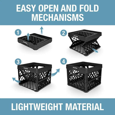 Heavy Duty Collapsible Milk Crate 25L Six Point Six Gal folding mechanism steps in obsidian black plastic