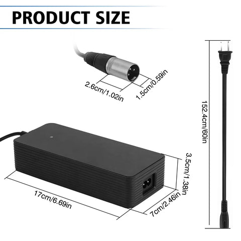 Diagram showing dimensions of UL Certified Beefed Up Fast Charging 3Pin 48V 2A EBike Battery Charger For Ridstar Q20 Q20 Pro H20 Pro H26 Pro.