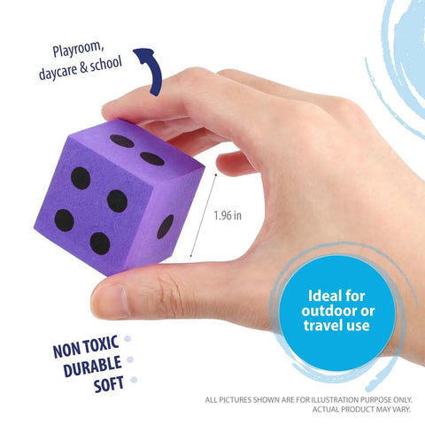 Hand holding purple die from Jumbo Foam Dice Set For Classroom And Home Schooling 1.96 Inch Dice In Assorted Bright Colors Kid Safe EVA Foam