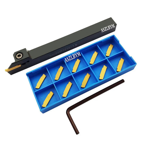 Lathe Grooving Tool Holder Kit With 12mm Shank MGEHR1212-1.5 And 11 MGMN150-G Carbide Inserts, blue storage box, and hex key