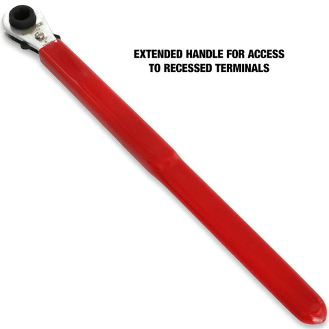 Long Reach Battery Terminal Wrench Ratcheting Nine Point Five Inch Alloy Steel Double Sided With Ten Millimeter And Five Sixteenth Inch Heads