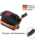 MG996R Servo Motor with metal gear and wiring details, JR Futaba plug type, for RC cars and drones. Part of a 6Pcs MG996R Servo Motors pack.