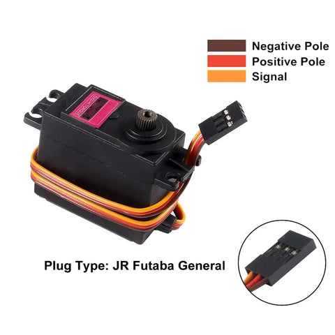 MG996R Servo Motor with metal gear and wiring details, JR Futaba plug type, for RC cars and drones. Part of a 6Pcs MG996R Servo Motors pack.