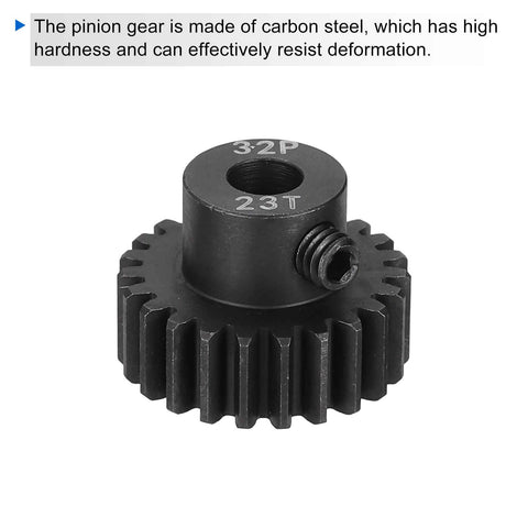 Two Pack Hardened Pinion Gear Set 23T 32P With 5mm Shaft For 1/10 RC Cars Boats Drones Carbon Steel Beefed Up Replacement Gears Premium Grade Quick Fit For Strong Power Transmission In RC Cars Boats And Drones