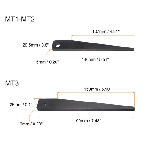 Diagram of 2 Pack Morse Taper Drift Keys Carbon Steel Drill Chuck Sleeve For MT1 MT2 showing dimensions and design