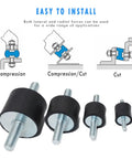 Diagram showing installation of Beefy Heavy Duty Rubber Vibration Isolator Mounts M10 Double Stud Set Four Pack with nuts