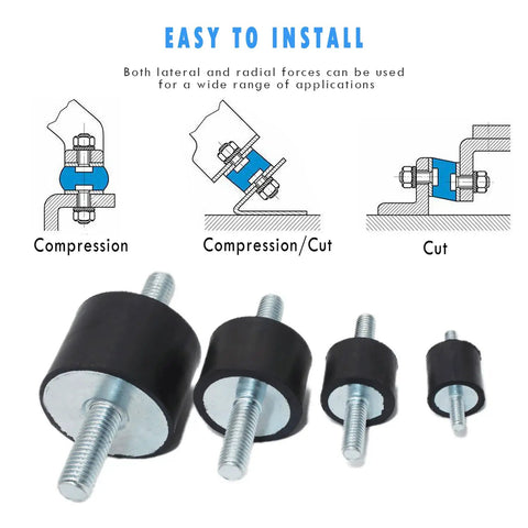 Diagram showing installation of Beefy Heavy Duty Rubber Vibration Isolator Mounts M10 Double Stud Set Four Pack with nuts