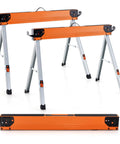 Two Pack Portable Collapsible Saw Horses With Detachable 2x4 Support Arm, Heavy Duty Workhorse Stands For Woodworking, Each Holds 1100 Lbs For A Total 2200 Lbs, Foldable 14 Lbs Each, Compact 38 x 2.5 x 4.5 Inches, shown assembled and folded