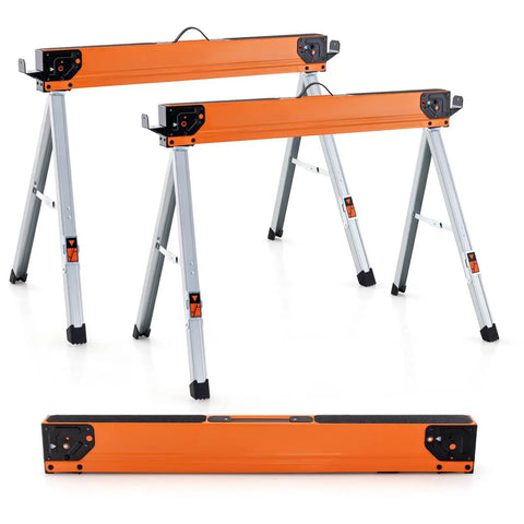 Two Pack Portable Collapsible Saw Horses With Detachable 2x4 Support Arm, Heavy Duty Workhorse Stands For Woodworking, Each Holds 1100 Lbs For A Total 2200 Lbs, Foldable 14 Lbs Each, Compact 38 x 2.5 x 4.5 Inches, shown assembled and folded