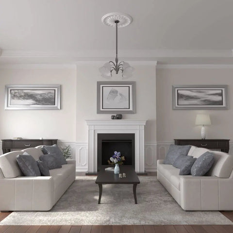 Elegant living room with Ceiling Medallion With Thirty One And Five Eighths Inch Outside Diameter And Three And Five Eighths Inch Inner Diameter.