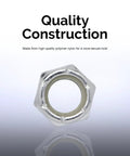 Heavy Duty Nylon Hex Lock Nuts Assortment Kit 150 Pieces Steel Friction Hardware Set With Bulletproof Grip, close-up of nylon hex lock nut.
