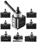 8-Piece Quick Change Tool Post Set for 10-15 Inch Lathes with steel lathe tool holders and accessories against white background