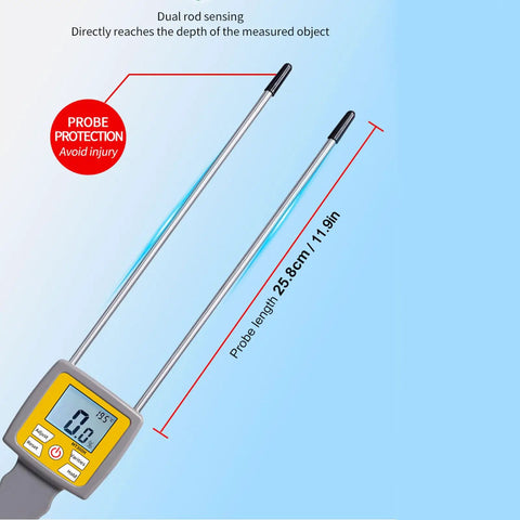 Portable Hay Moisture Meter With Long Probe For Bale Testing, Super Handy Digital Readout, 0-84% Range, 0.5 Percent Accuracy, Ideal For Alfalfa, Orchard Grass, Forage Grass, And Other Hays, 25.8 cm probe