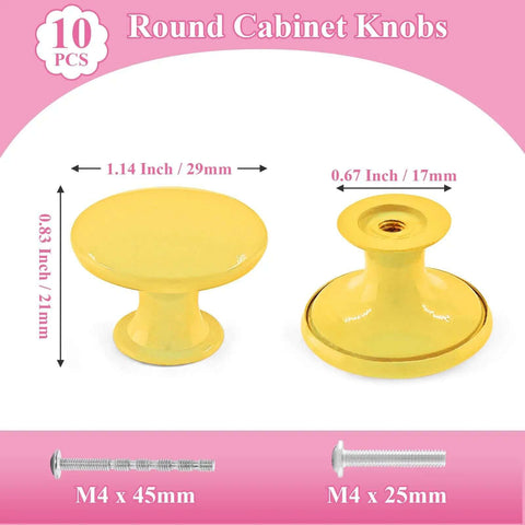 Bright Yellow Metal Cabinet Knobs Pack Of Ten Round Drawer Pulls For Dressers And Cupboards 29mm head 21mm tall with screws.