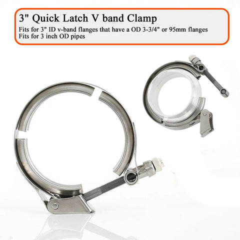 3 Inch Exhaust V Band Clamp No Fuss With Quick Release Stainless Steel 304 shown open with detailed flange kit
