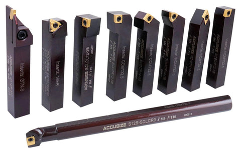 Accusize 9-piece TiN-coated indexable turning and boring tool set with 3/4" shank and gold inserts.