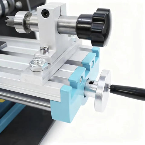 Close-up of ERoomQ Micro Metal Lathe With Variable 7000 RPM Speed For High Precision Milling, showcasing the tool head and gear.