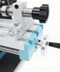 Close-up of Piudoiliy Micro Metal Lathe with Variable Speed Up To 7000 RPM featuring precision parts and adjustable settings.