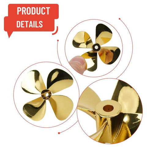 Beefy Four Blade Zinc Alloy RC Boat Propeller With Gold Plated Finish 4Mm Shaft 55Mm Or 60Mm Diameter showing details
