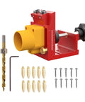 Top Shelf Aluminum Drilling Guide Jig For Cabinet Assembly And Woodworking With Zero Hassle Depth Controls, red and yellow drill guide with accessories