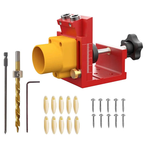 Top Shelf Aluminum Drilling Guide Jig For Cabinet Assembly And Woodworking With Zero Hassle Depth Controls, red and yellow drill guide with accessories