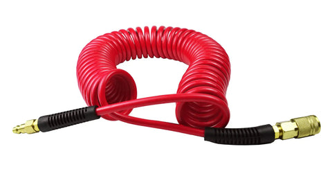 Heavy Duty Polyurethane Recoil Air Hose Self Coiling Compressor Line 1/4 In By 25 Ft lightweight red coiled hose with brass quick connect fittings.