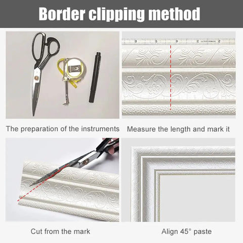 Border clipping method for Self Adhesive Flexible Foam Molding Trim 90 Inch Long By 3 Inch Wide 3D Decorative Wall Border