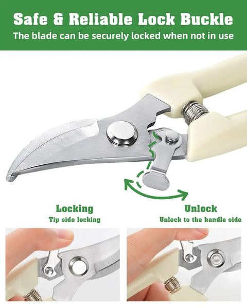 Close-up of safety locking mechanism on Four Pack Garden Shears Set with stainless steel blades, showing lock and unlock positions.